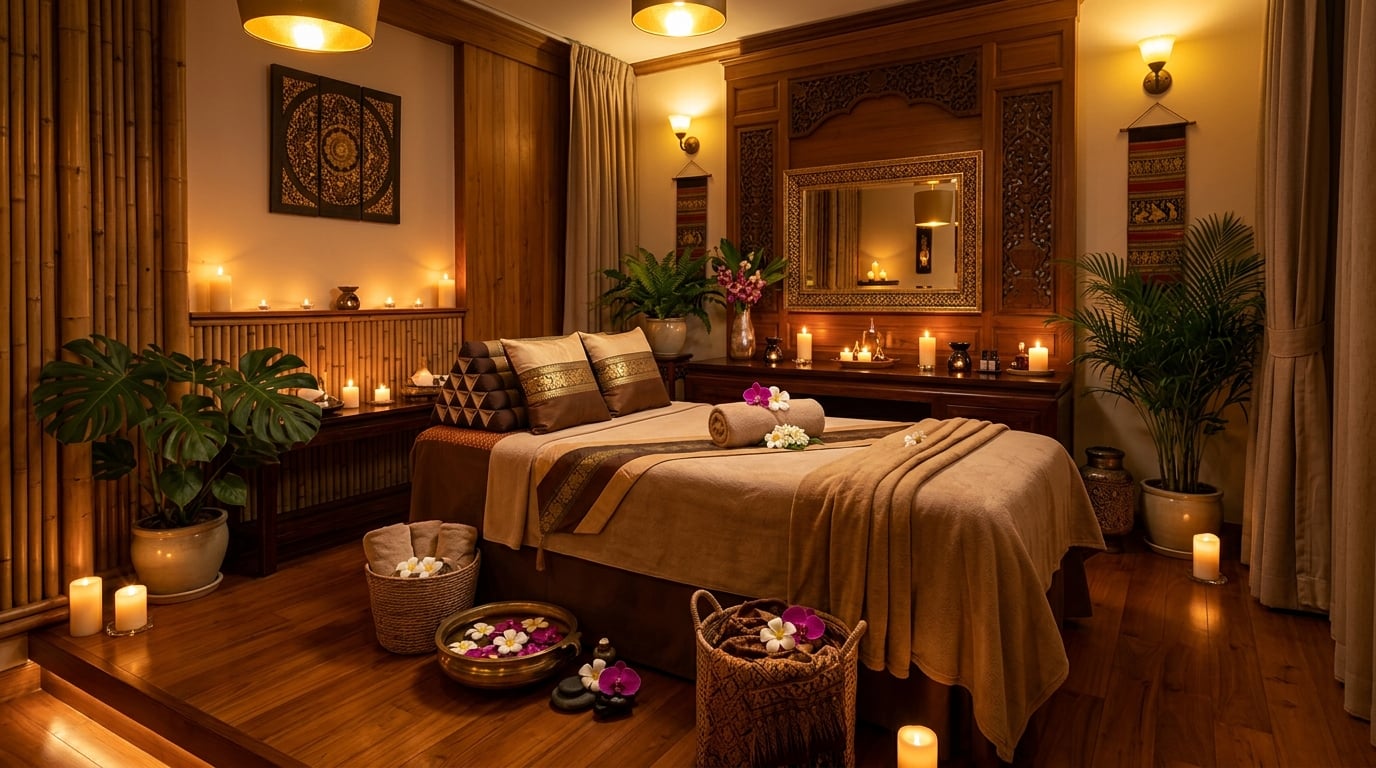 Luxurious Thai spa interior with warm lighting and elegant treatment space