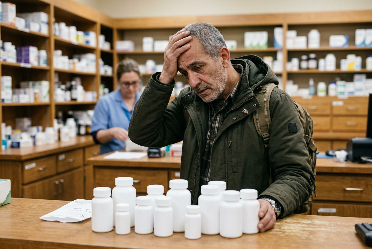 Middle-Eastern male veteran in his 50s at a pharmacy counter looking overwhelmed by multiple white medication bottles in front of him