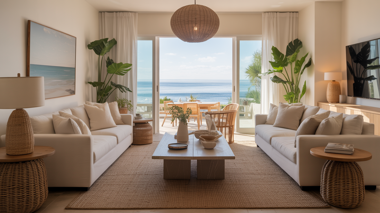 Beautiful coastal modern vacation rental interior with natural light and elegant furnishings