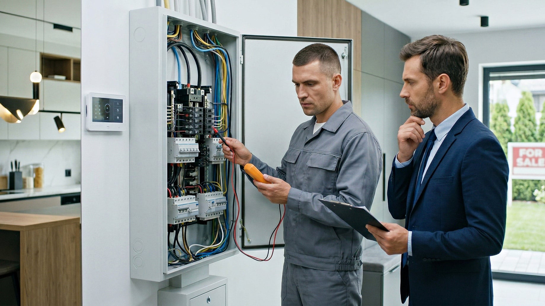 Professional electrician inspecting electrical panel in a Wellington, FL home