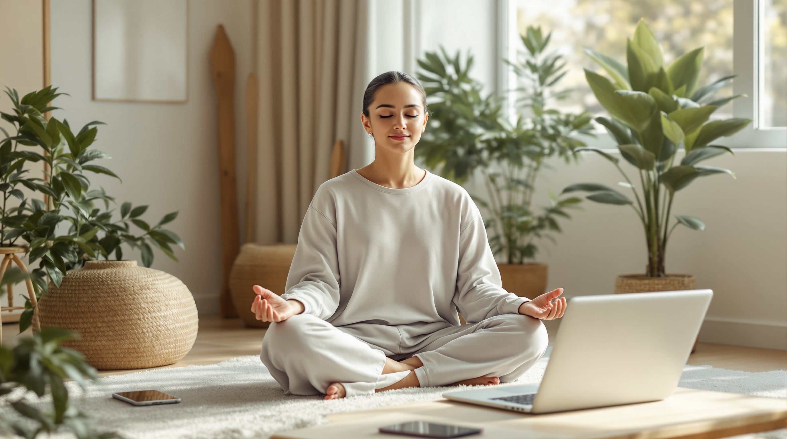 Woman meditating at home with laptop and smartphone nearby, representing balance between mindfulness and technology use