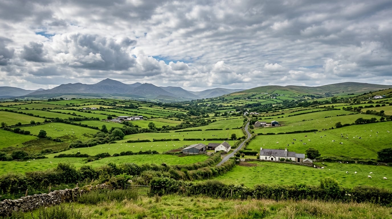 Rolling green Northern Ireland countryside with farms and fields