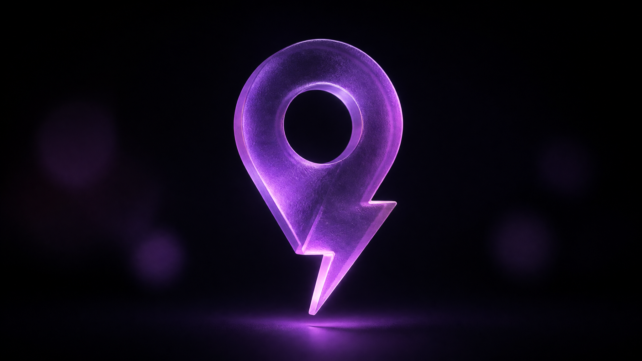 A glowing violet frosted-glass map pin fused with a lightning bolt, floating in the dark