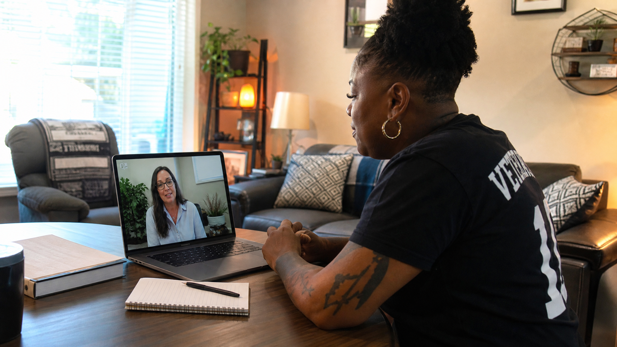 A woman veteran in a video therapy session from home