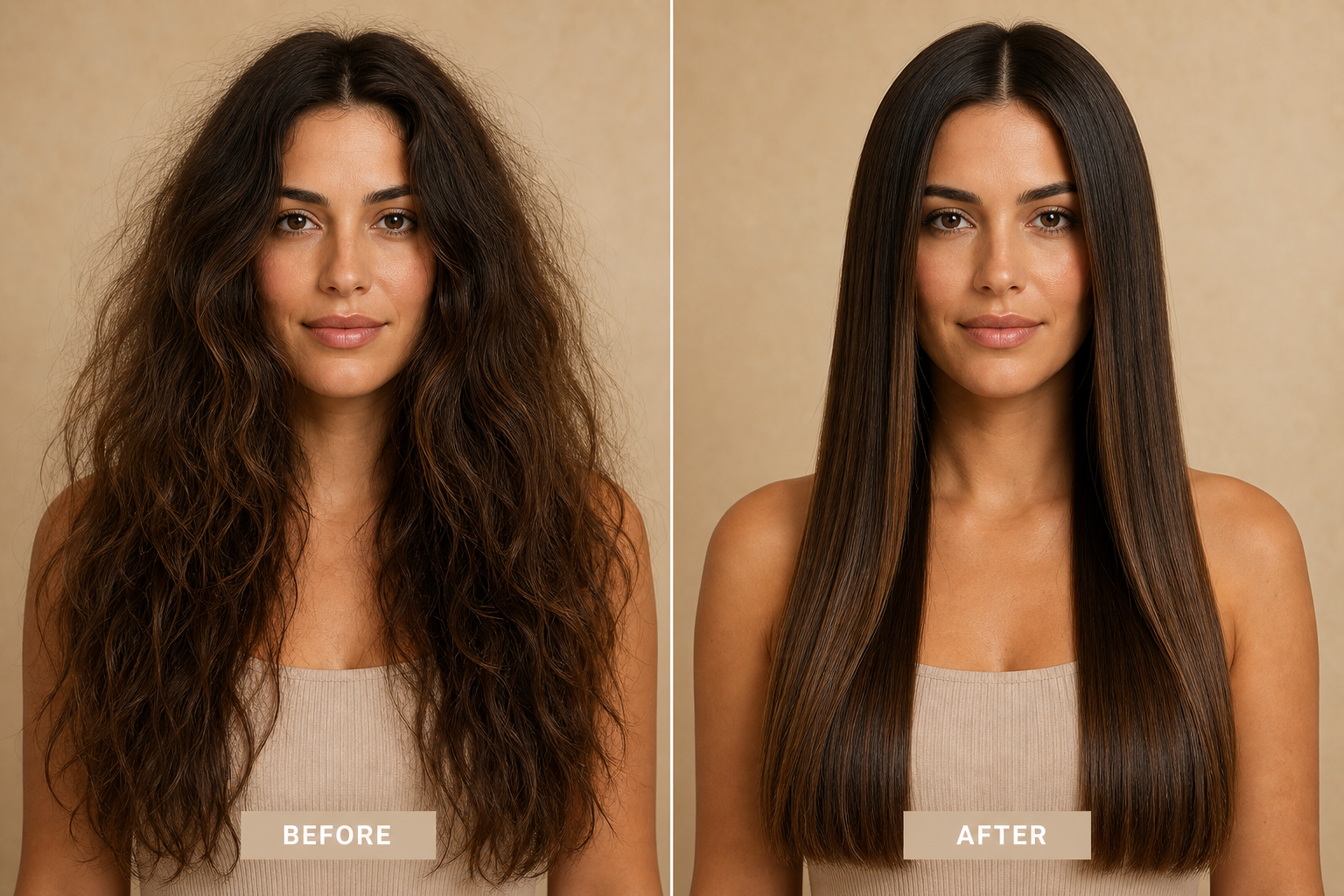 Before and after keratin treatment - wavy to sleek hair