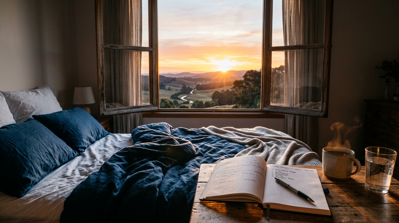 Amanhecer pela janela com planner pronto no criado-mudo representando preparação