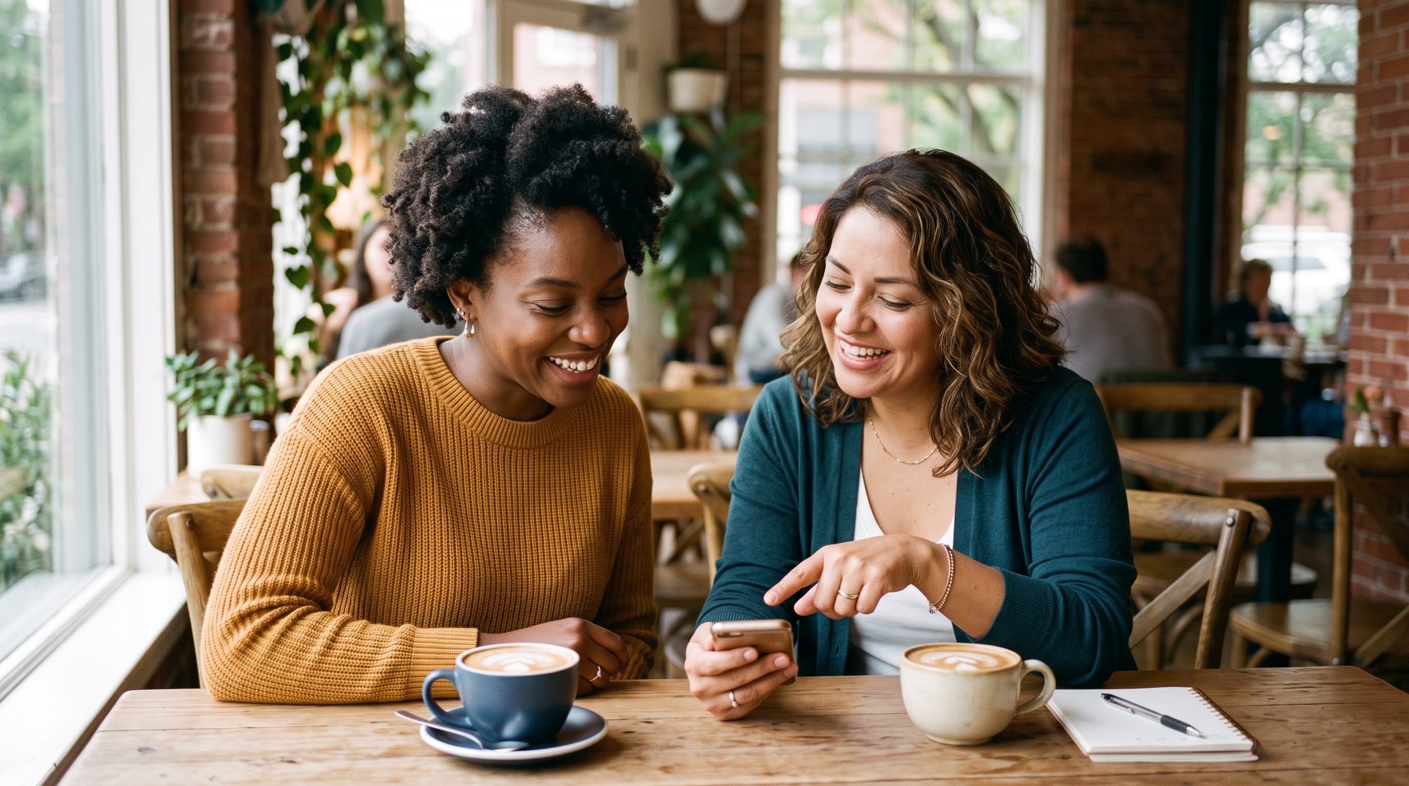 Two people having a friendly conversation over coffee at a bright table