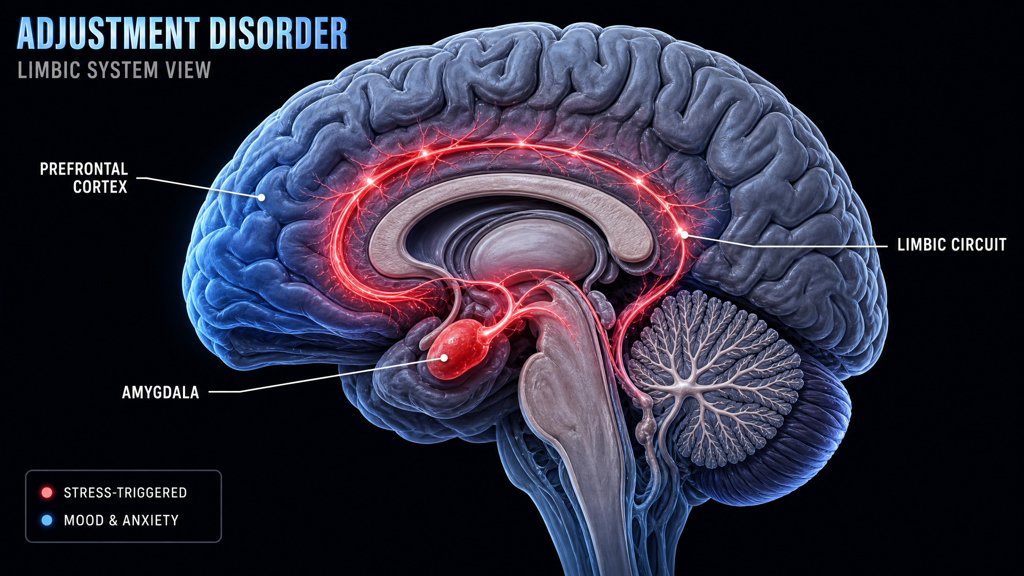 Adjustment disorder brain diagram, limbic stress-response circuit