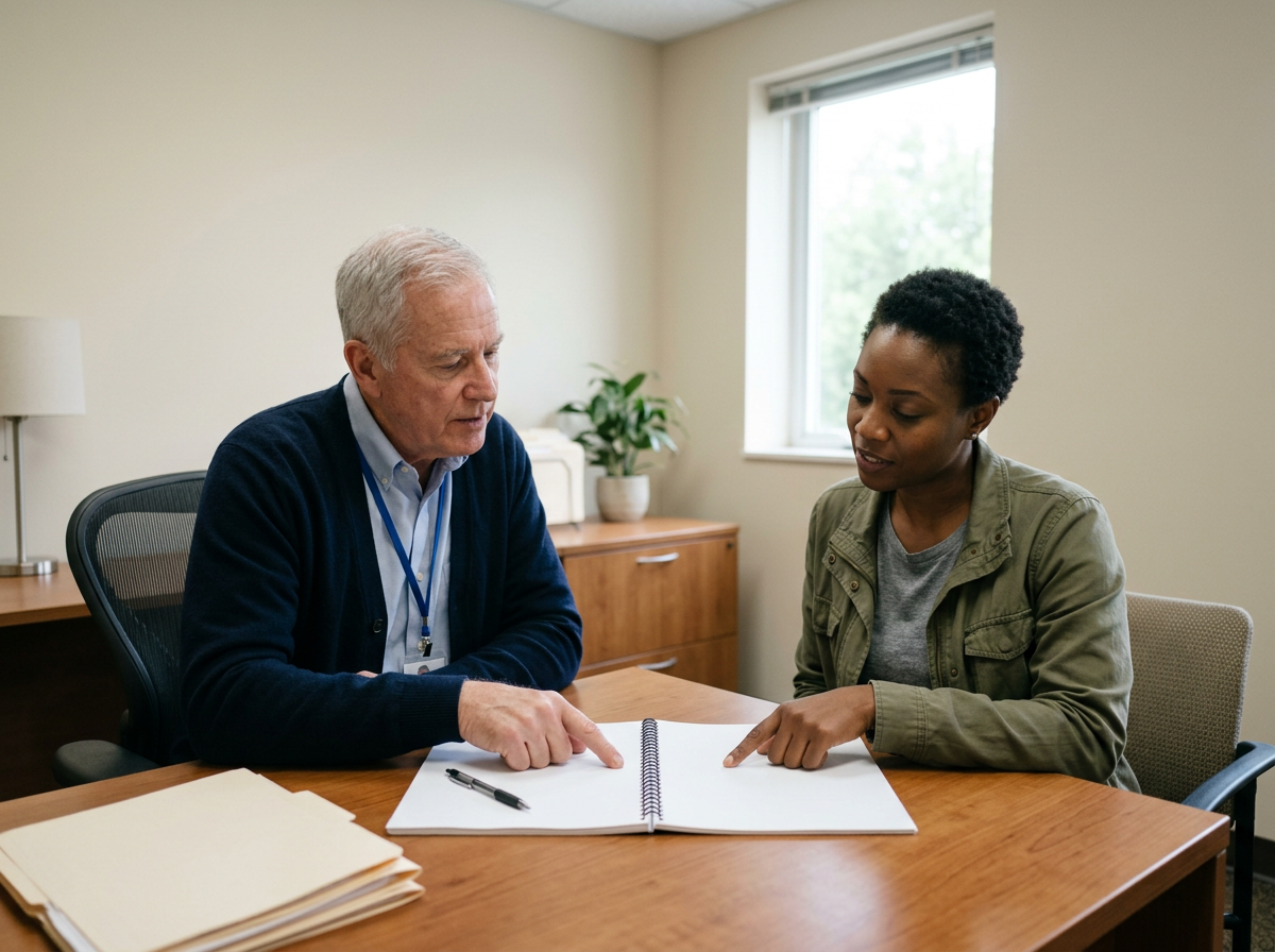 Clinician and veteran reviewing a symptom diary notebook together at a desk