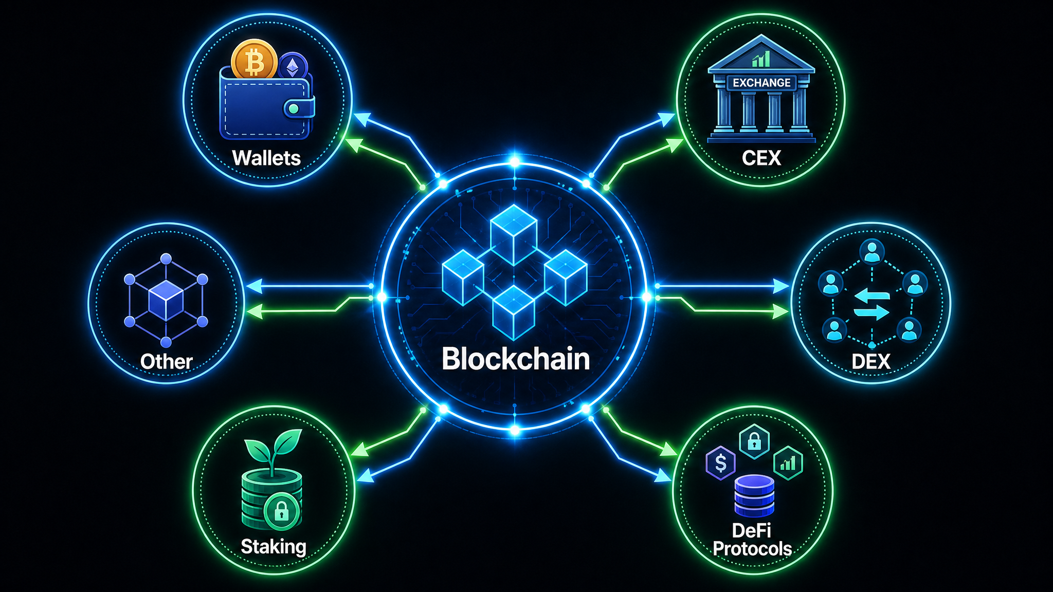 Crypto ecosystem diagram for beginners — blockchain wallets exchanges DeFi staking explained 2026
