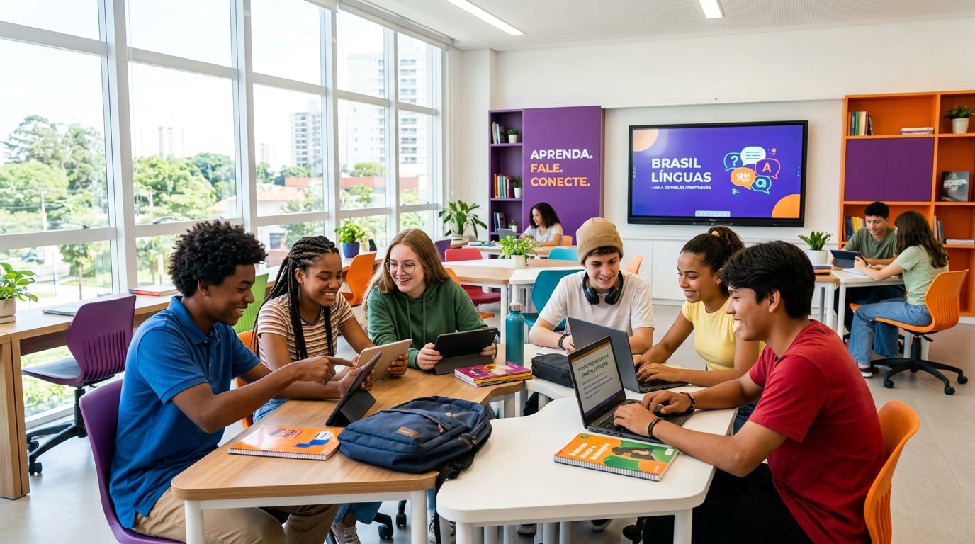 Adolescentes estudando inglês em escola moderna
