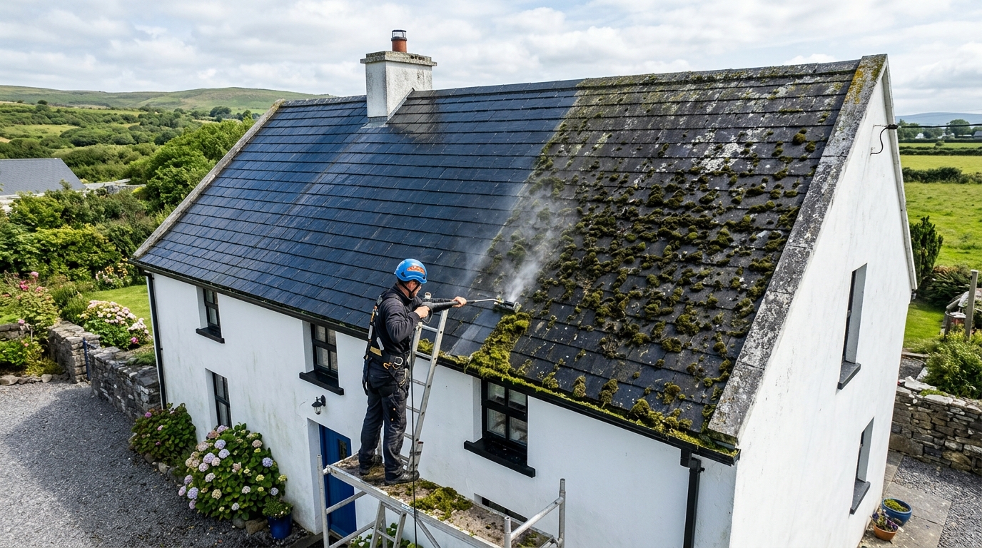 Tiled roof being cleaned with moss removal in progress