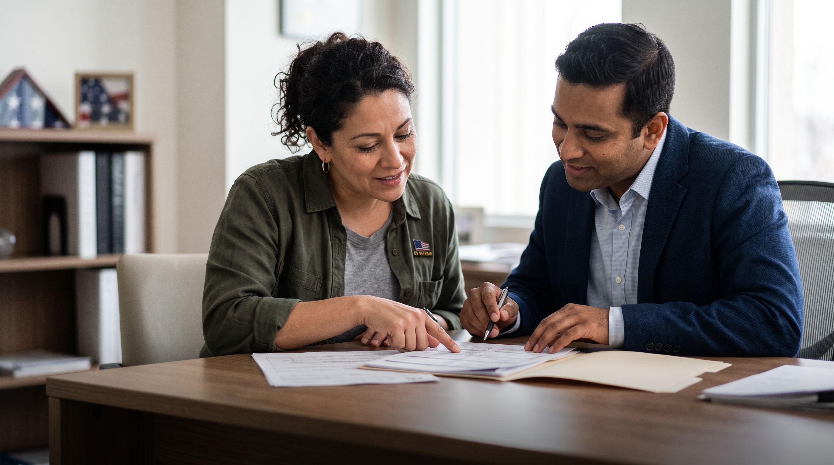 A veteran reviewing appeal paperwork with an accredited advocate