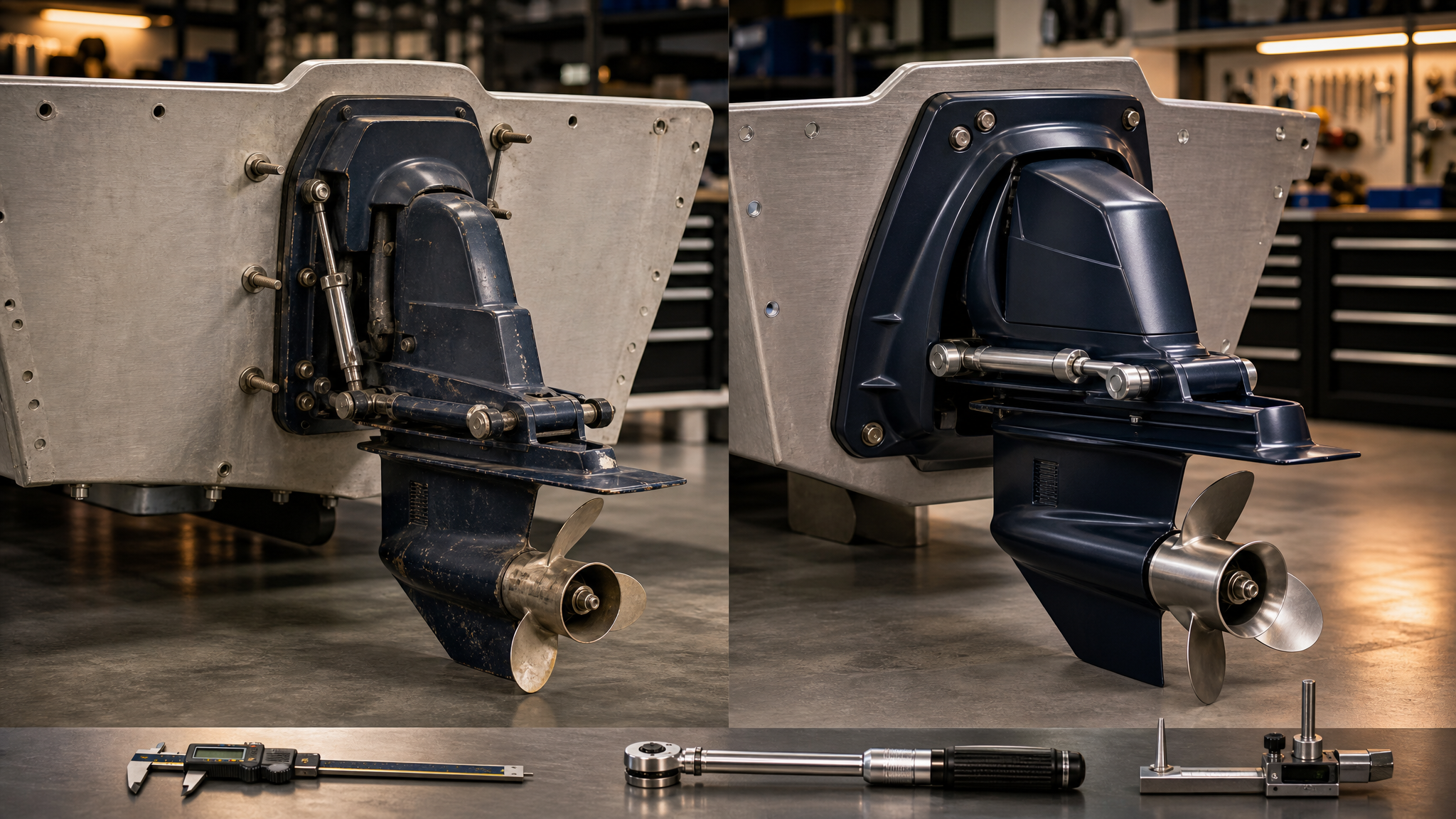 Alpha One Gen I and Gen II style transom assemblies displayed side by side for identification