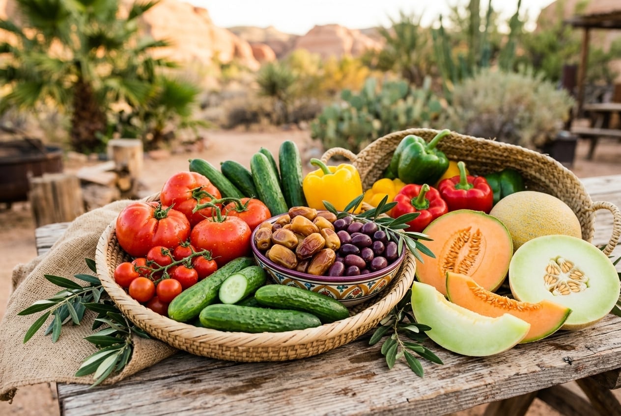 Colorful display of desert-grown fruits and vegetables including tomatoes, dates, olives, and melons