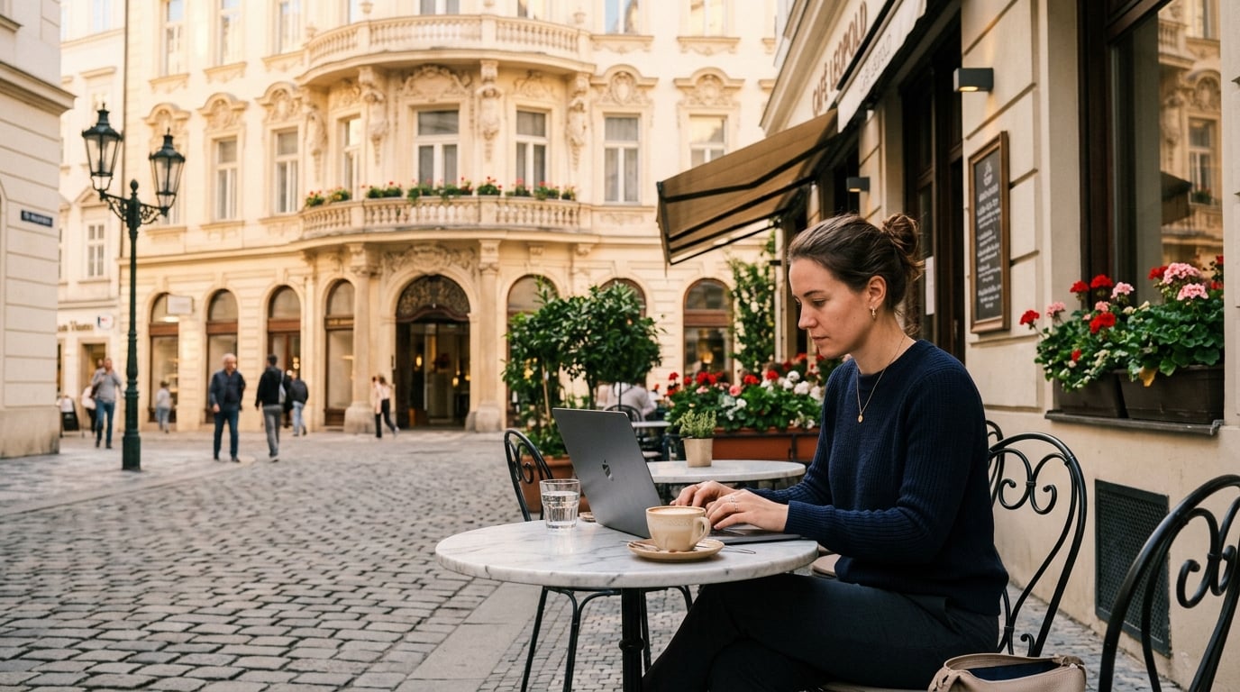 Person arbeitet mit Laptop in einem eleganten Wiener Altstadt-Café