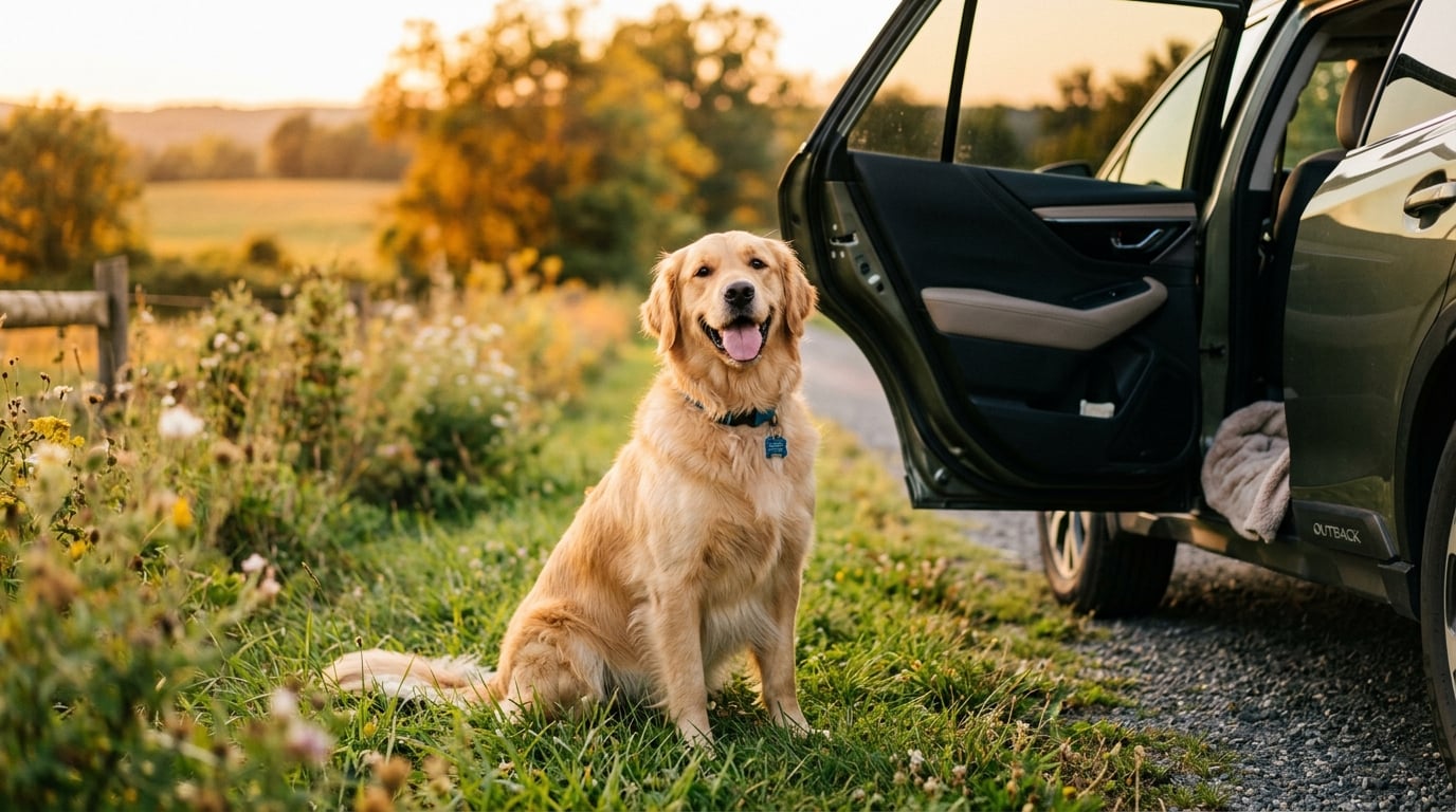 A joyful dog with bright eyes looking happy after a comfortable ride