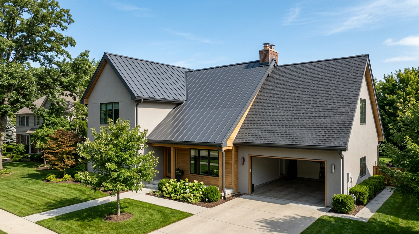 Side-by-side comparison of a standing-seam metal roof and traditional asphalt shingles on a suburban home