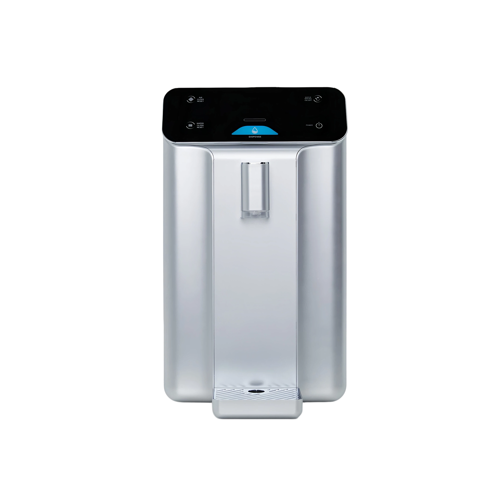 NovaMatrx Air-to-Water Atmospheric Water Generator in silver with black touch-control panel and water dispenser