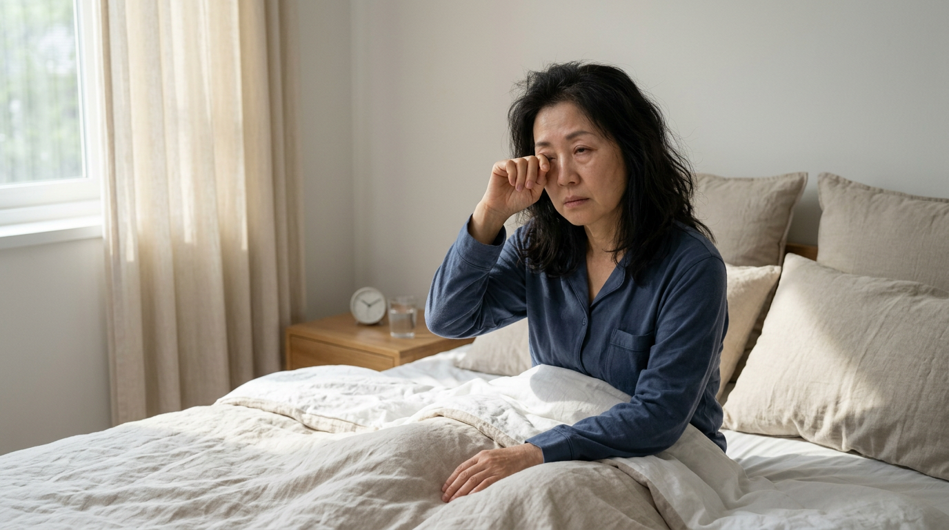 East Asian female veteran in her fifties waking in bed looking exhausted despite having slept, rubbing her tired eyes