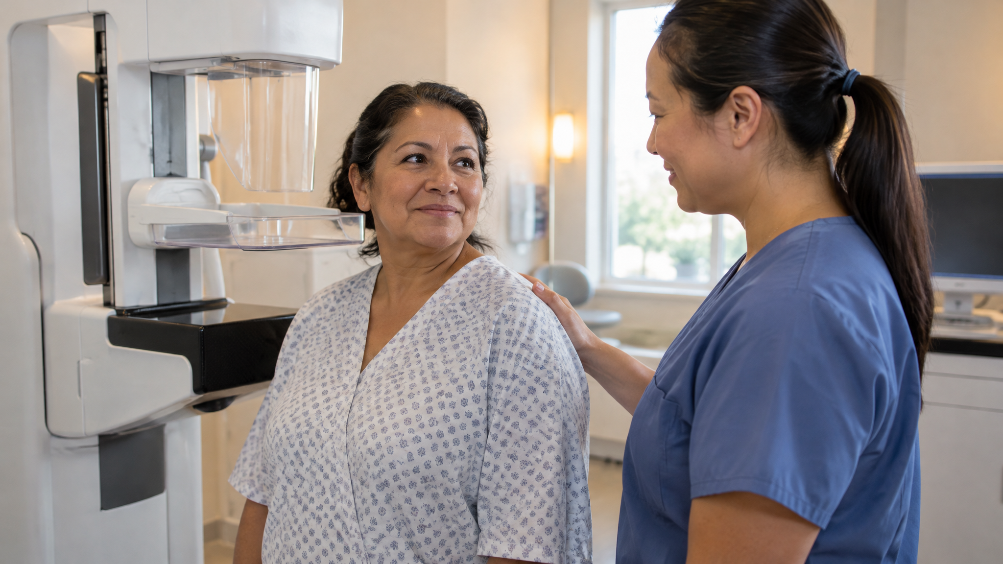 A woman veteran in her fifties with a female technologist in a calm mammography suite