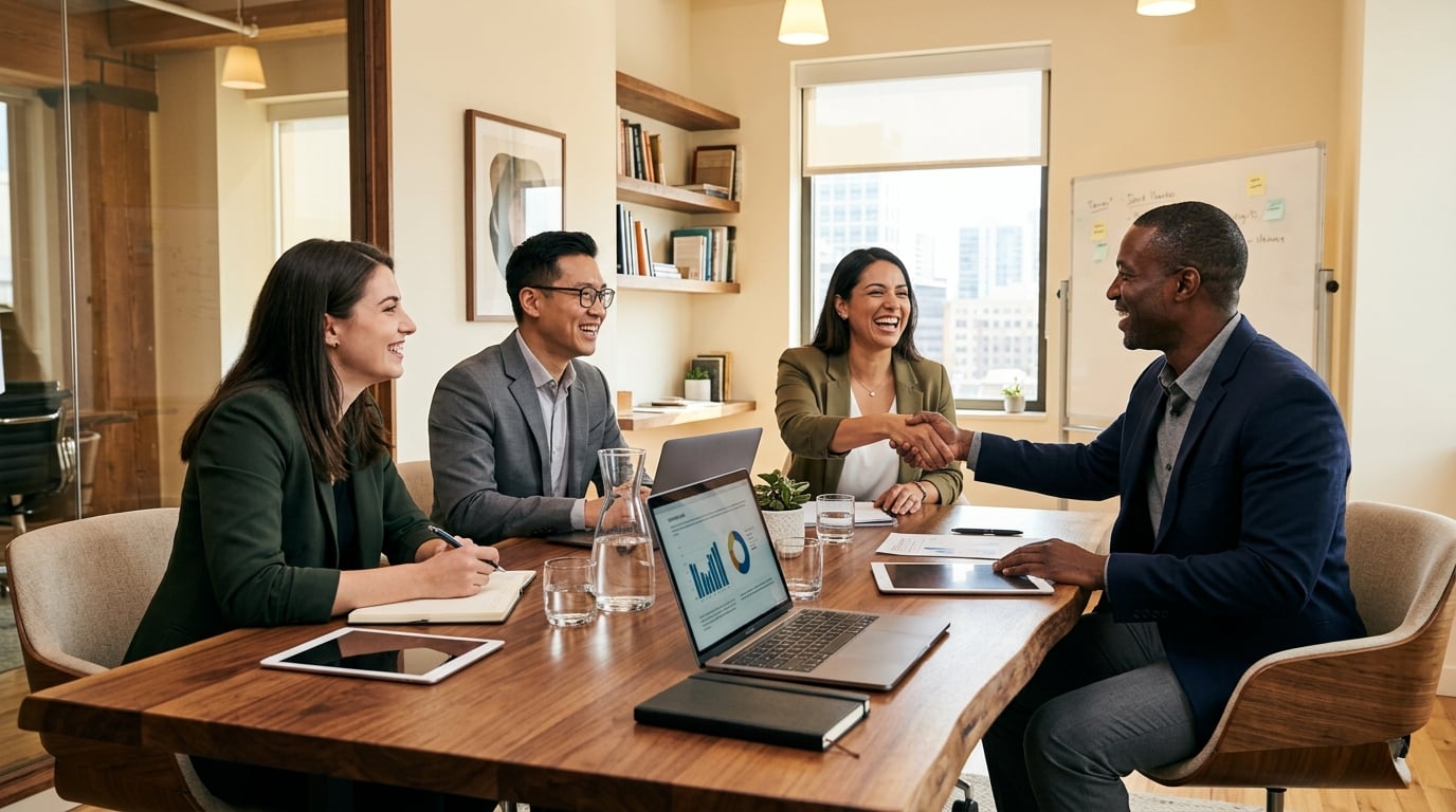 Polydamas team collaborating in a modern office