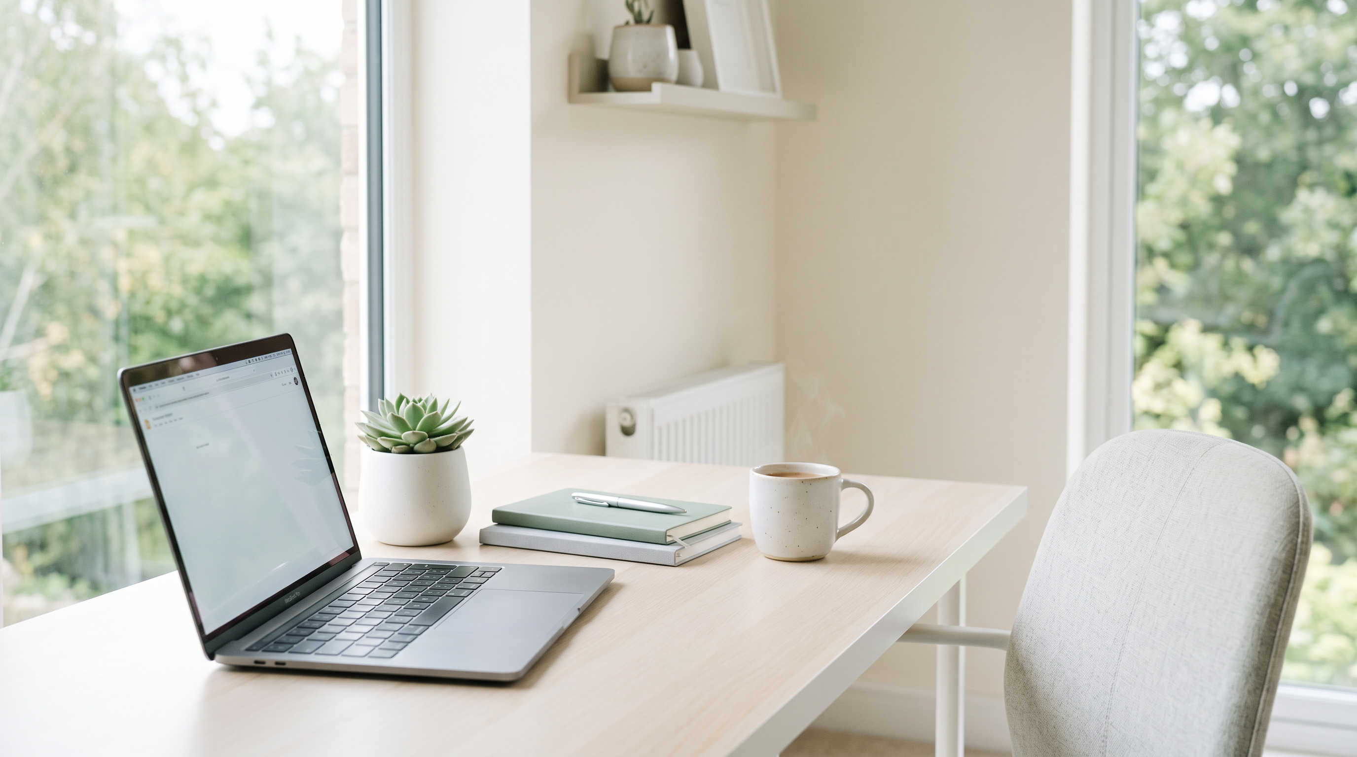 Bright, airy sage-toned workspace with a laptop, plant, and notebooks in soft natural light