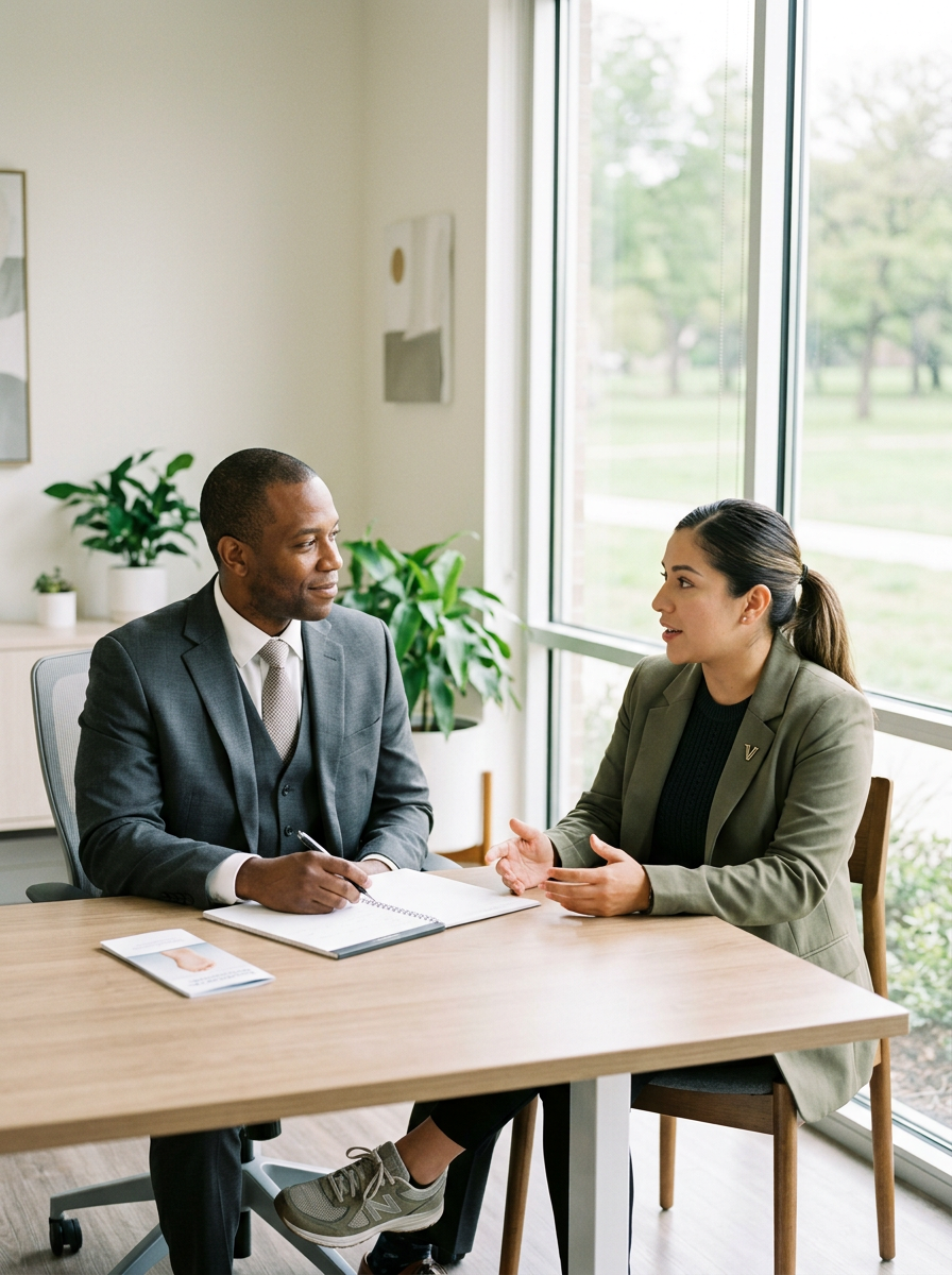 Black male counselor at an office desk across from a Hispanic female veteran discussing the functional and occupational impact of flatfoot