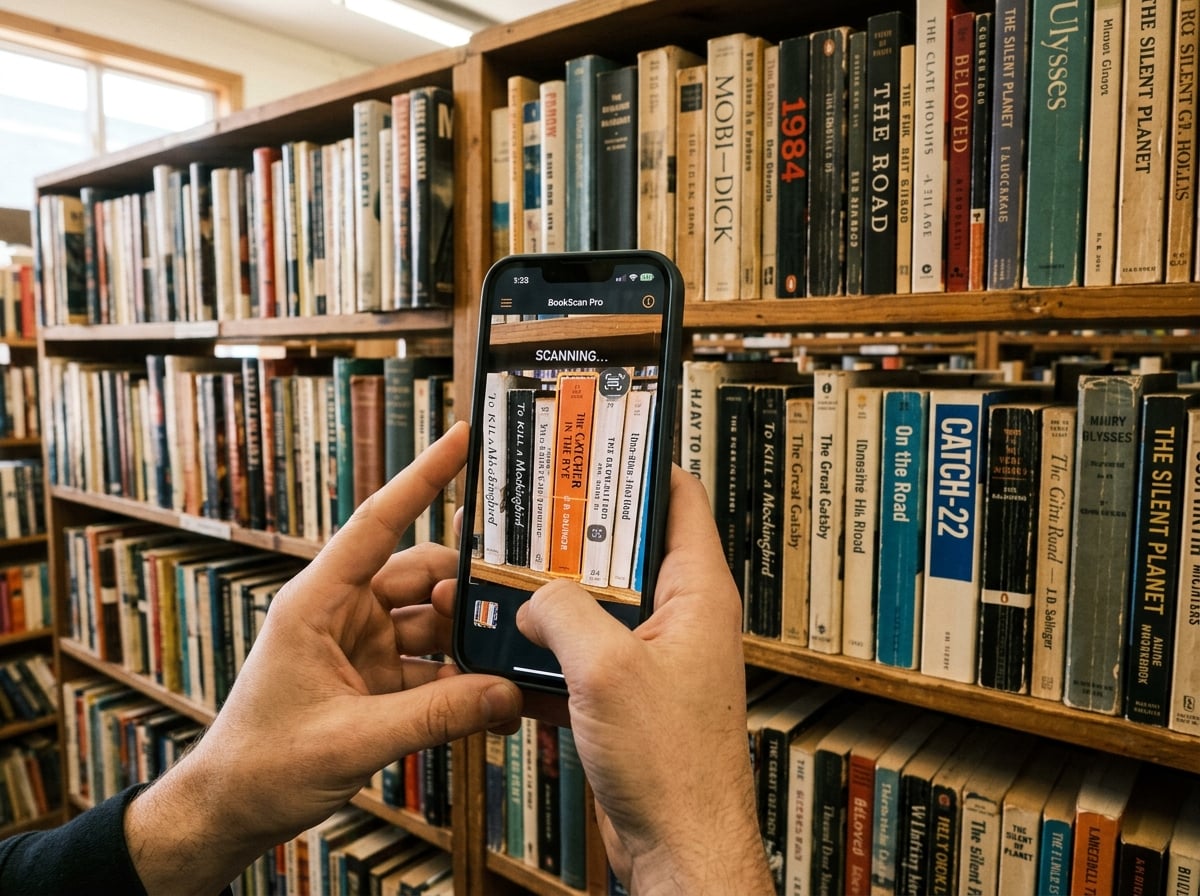 A reseller holding a phone up to a shelf of used books to scan them