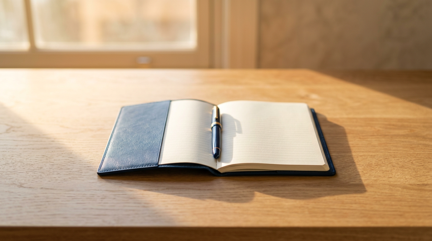 Mesa minimalista com apenas um caderno e uma caneta representando simplicidade radical