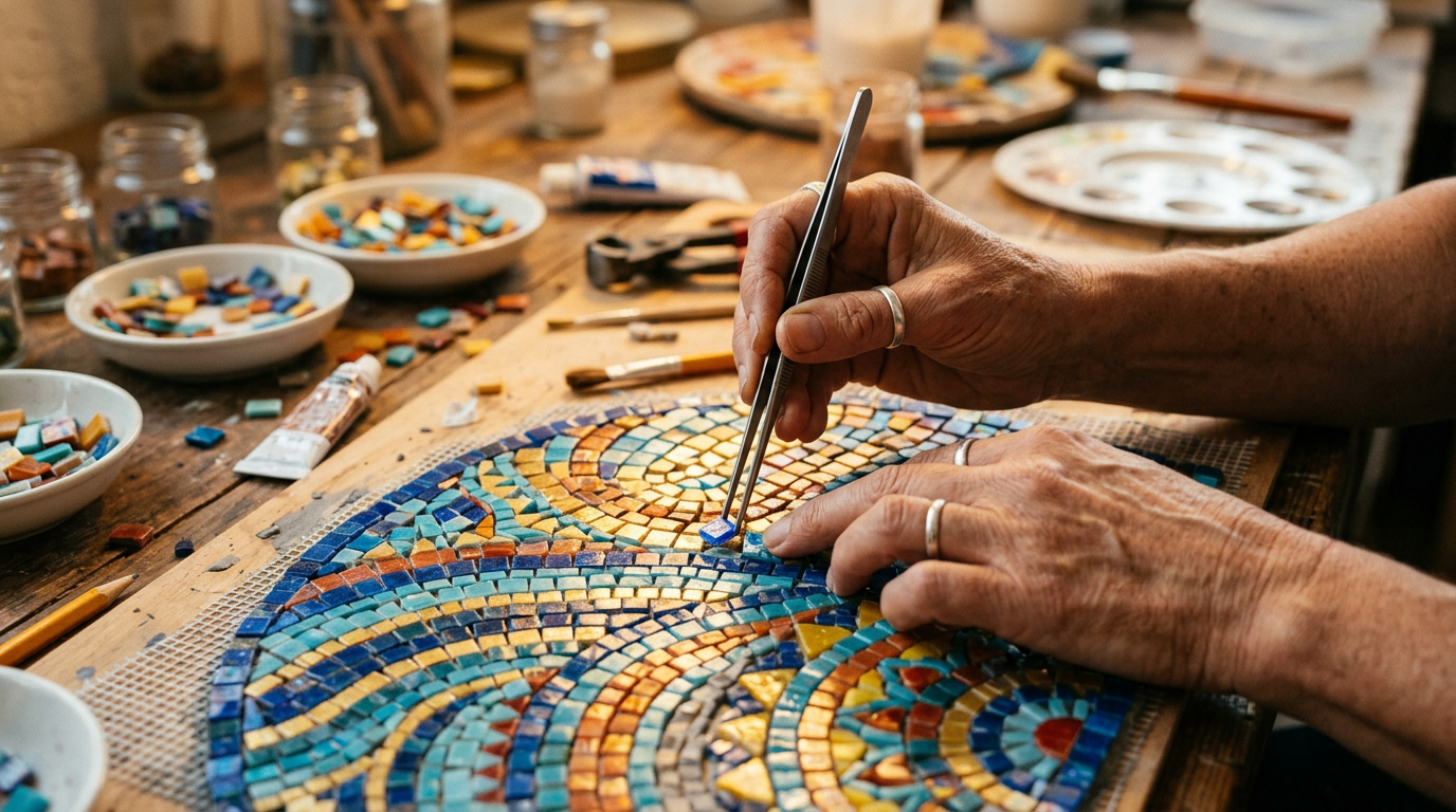 Mãos montando mosaico peça por peça simbolizando progresso consistente