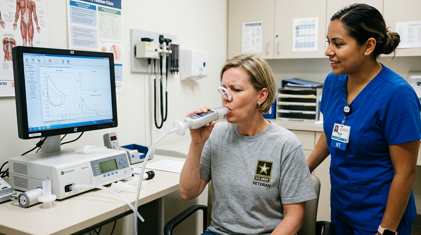 A woman veteran taking a spirometry breathing test with a respiratory therapist