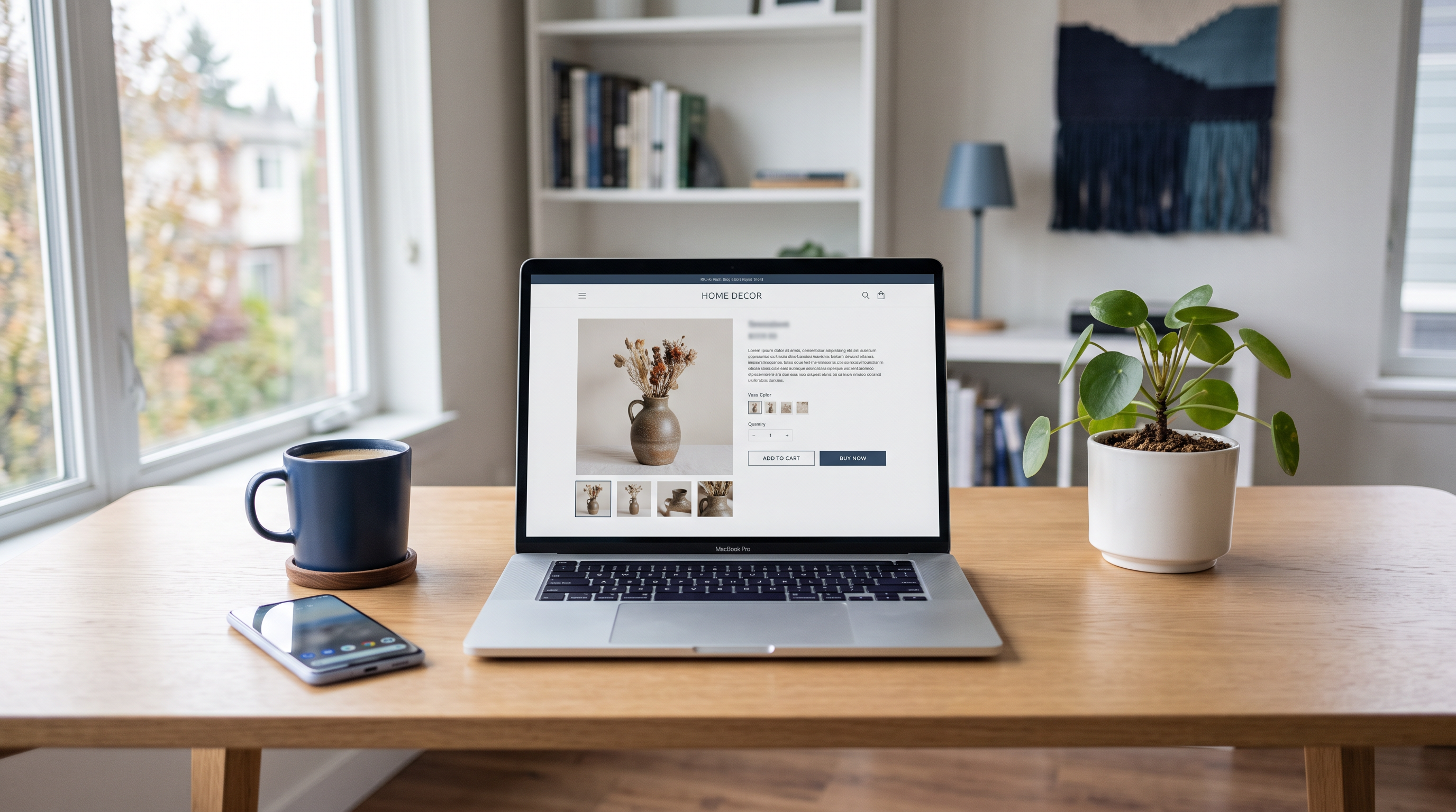 Laptop mit geöffneter Online-Shop-Produktseite auf einem aufgeräumten Schreibtisch