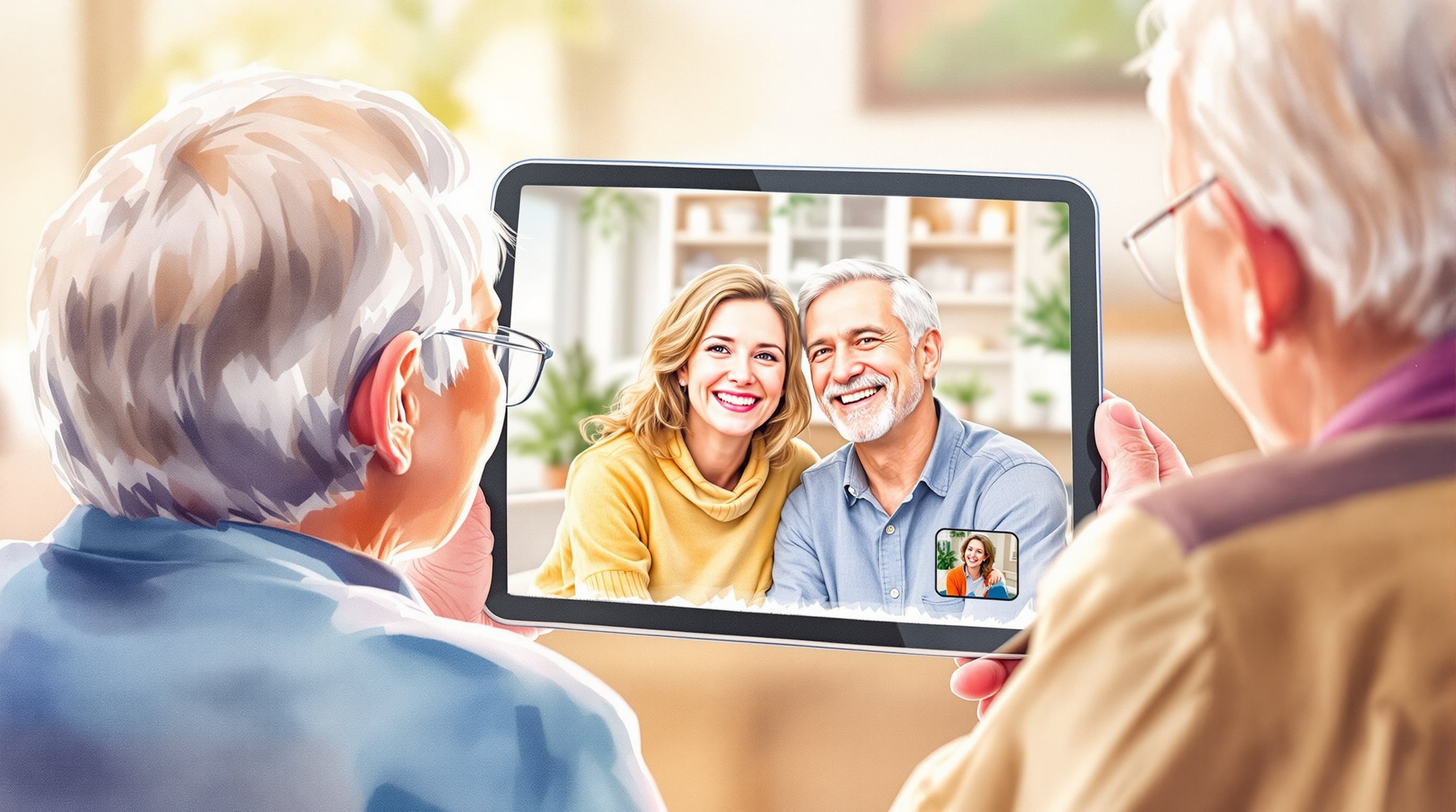 Aquarell-Illustration: Älteres Paar im Videoanruf mit ihrer Tochter