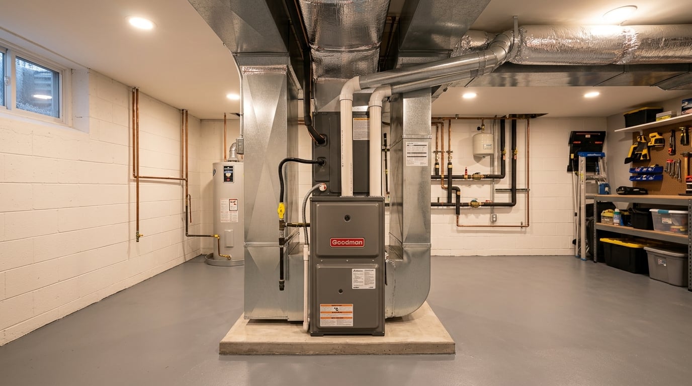 A modern residential gas furnace installed in a clean basement utility room with warm ambient lighting
