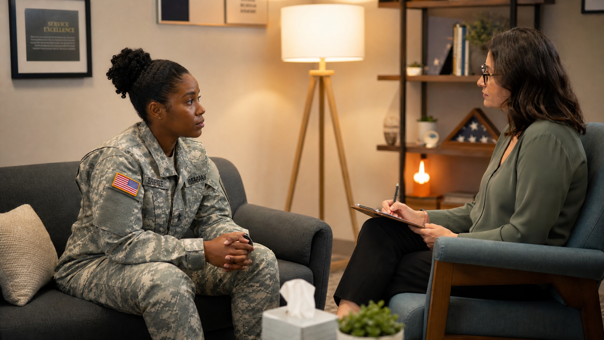 Woman veteran in a one-on-one counseling session with a therapist