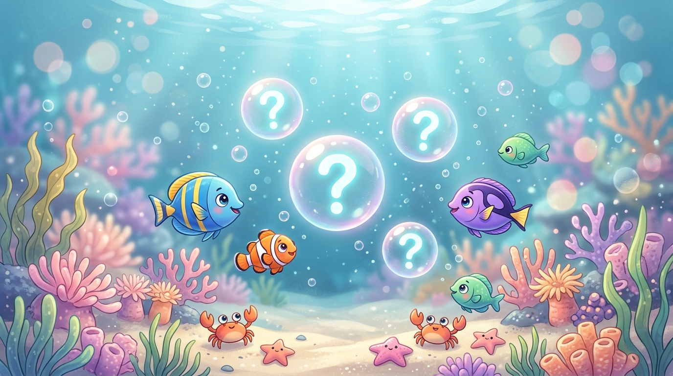 Whimsical underwater scene with question bubbles