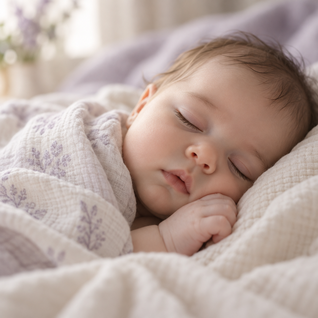 Close-up of a baby sleeping peacefully on a soft muslin blanket