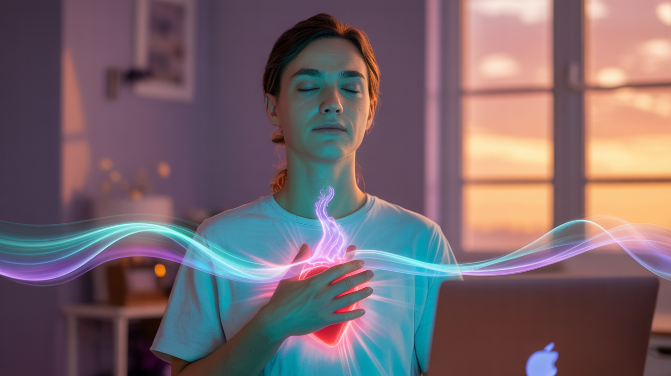 Osoba zatvorenih očiju sa rukom na srcu, somatski check posle AI konsultacije. Žena sa zatvorenim očima drži ruku na srcu dok koristi laptop, simbol intuicije, emocija i provere AI saveta kroz telo