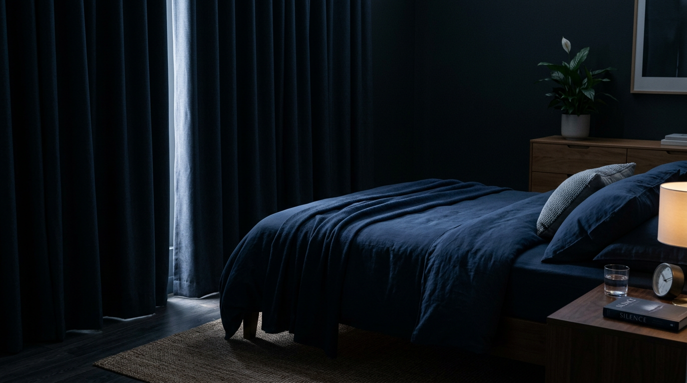 Quarto escuro com cortinas blackout e ambiente preparado para sono profundo