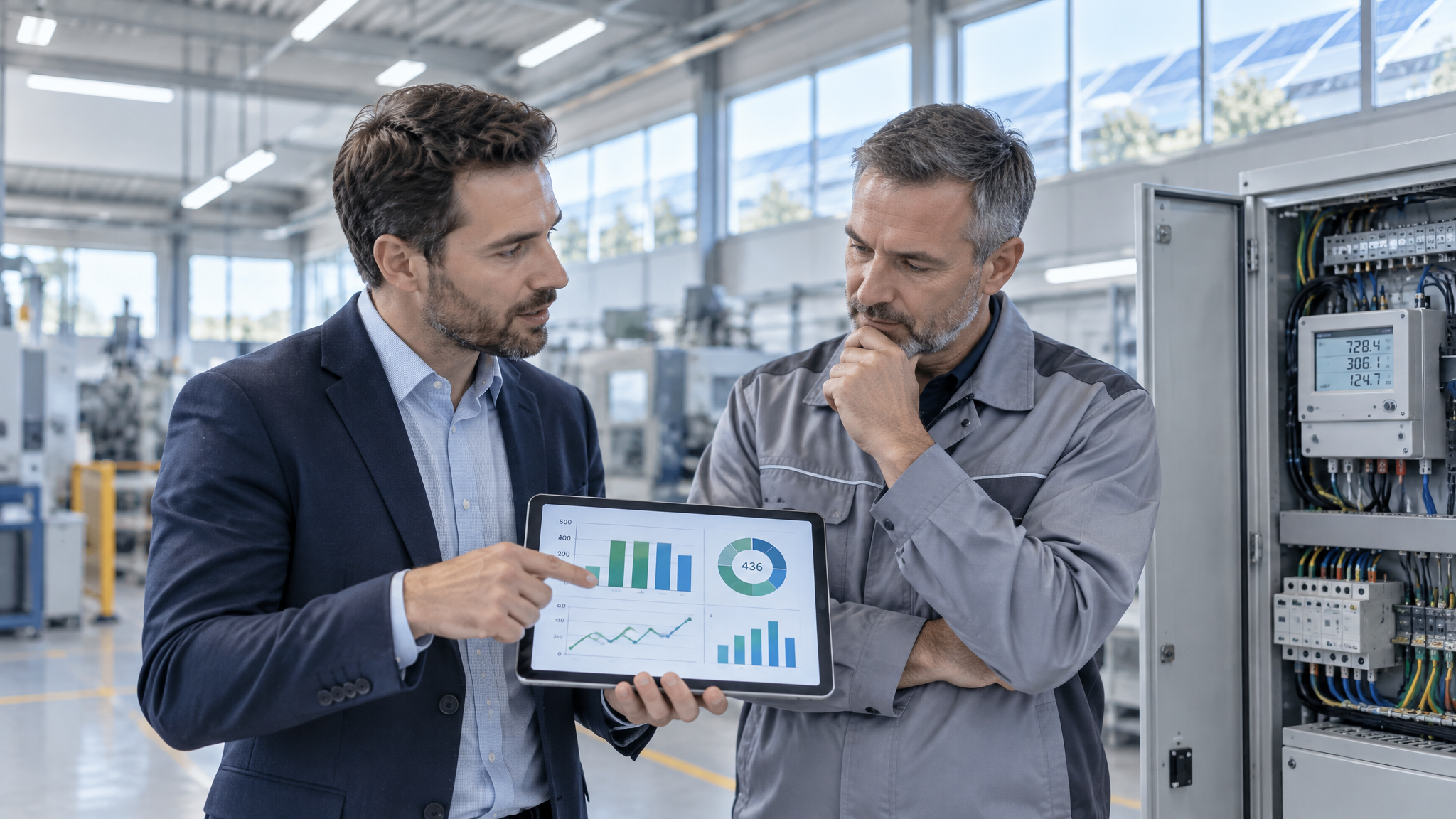 Energieberater bespricht Verbrauchsdaten mit dem Betriebsleiter in einer Produktionshalle