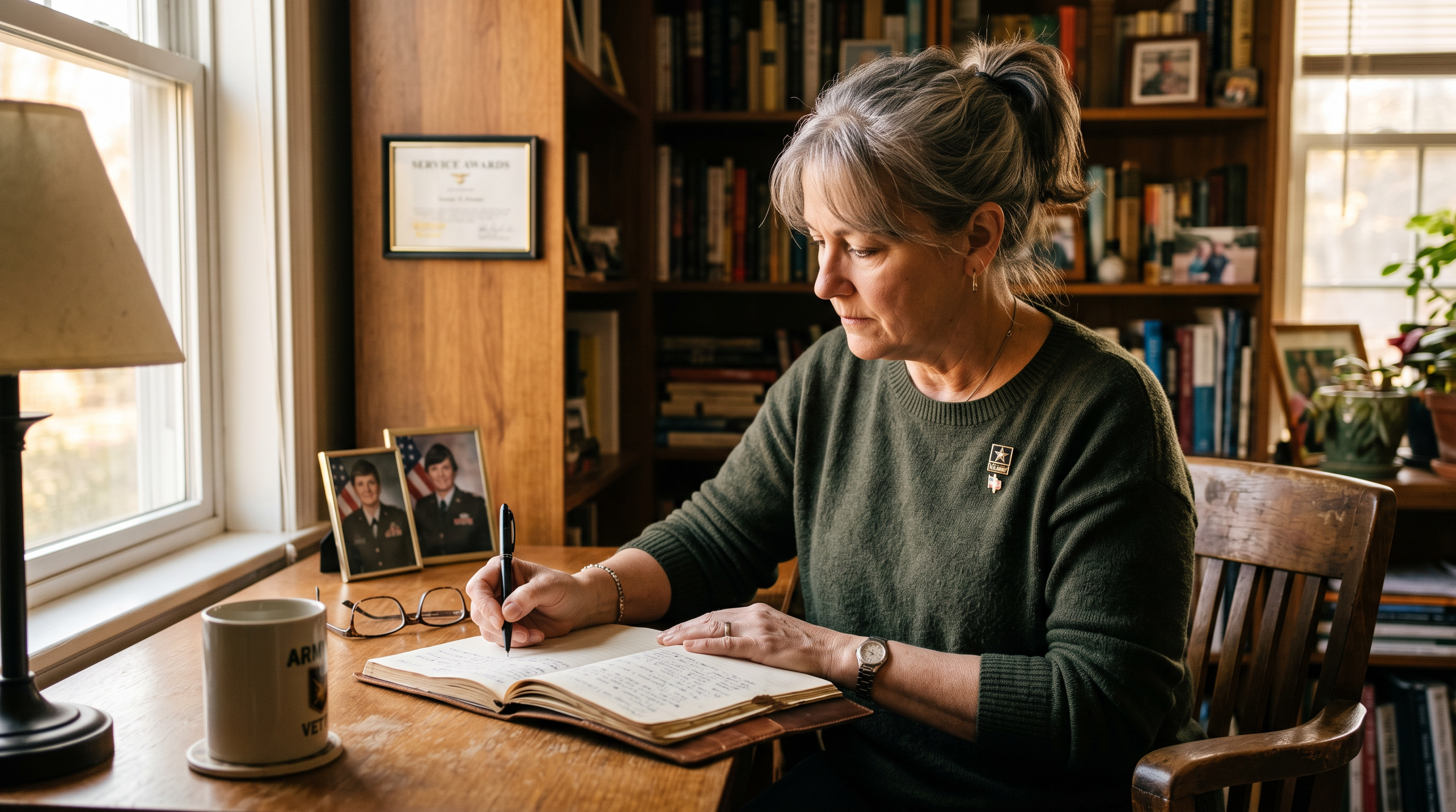 A woman veteran writing her statement in a journal at a home desk, calm and in control