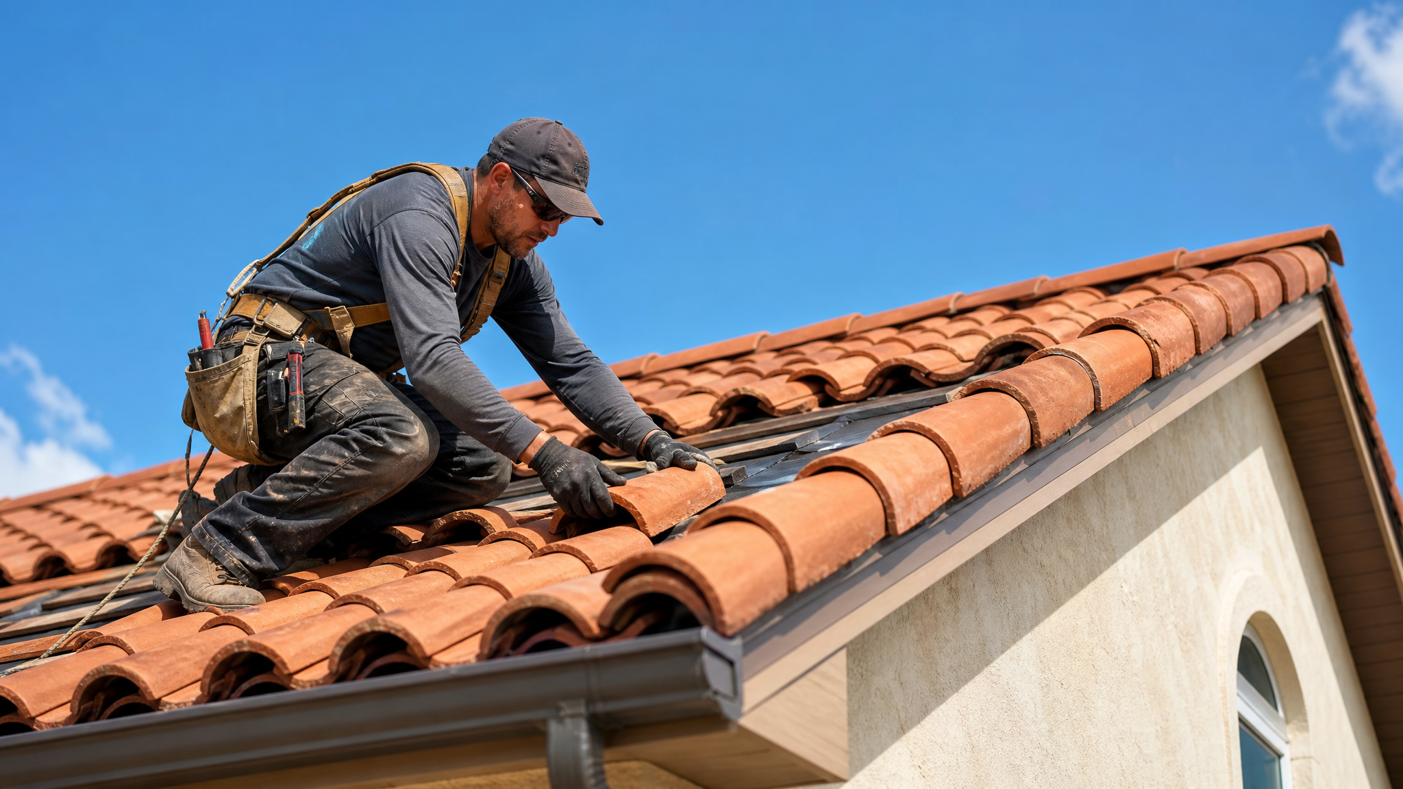 Professional roofer installing clay roof tiles on a residential home