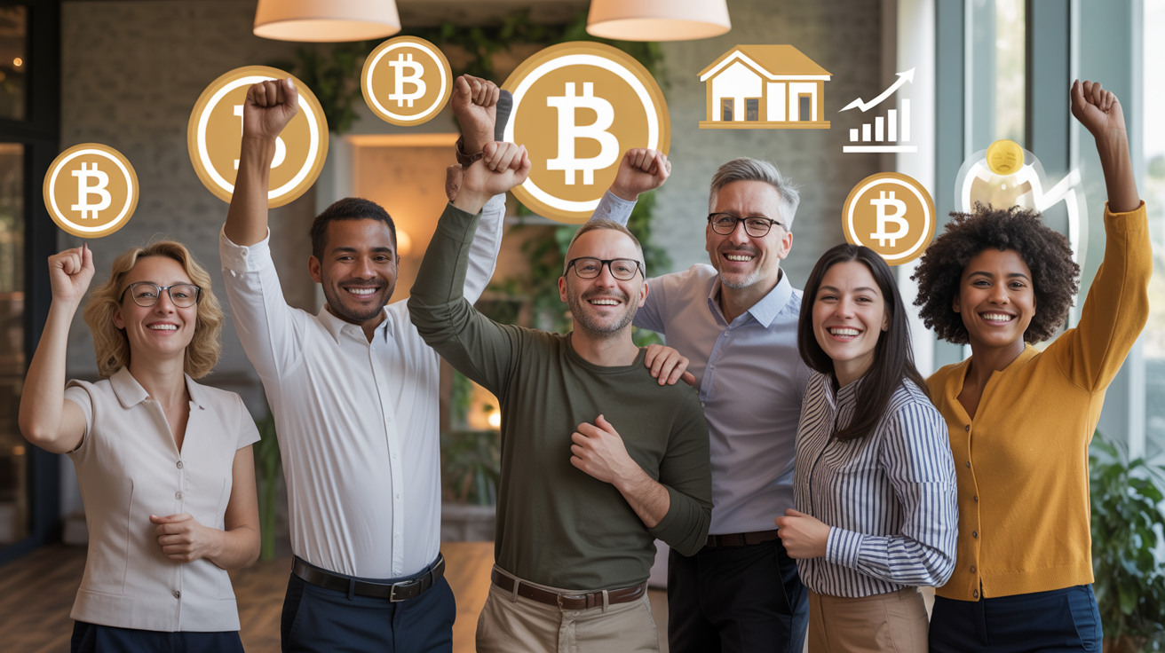 Diverse community celebrating financial success through compassionate capitalism