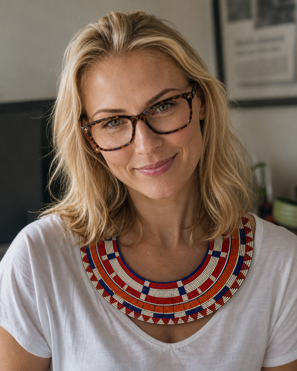 Elizabeth Groch wearing the Maasai Collar