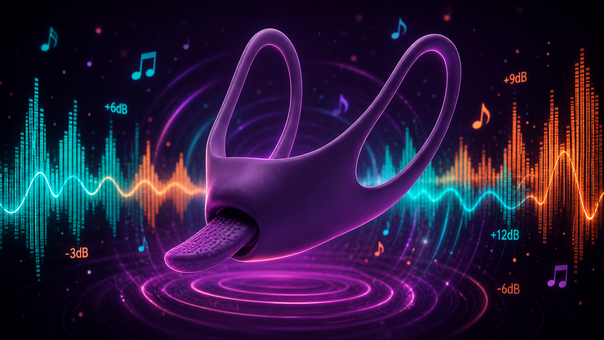 Abstract vibration wave patterns in teal and copper on midnight plum background