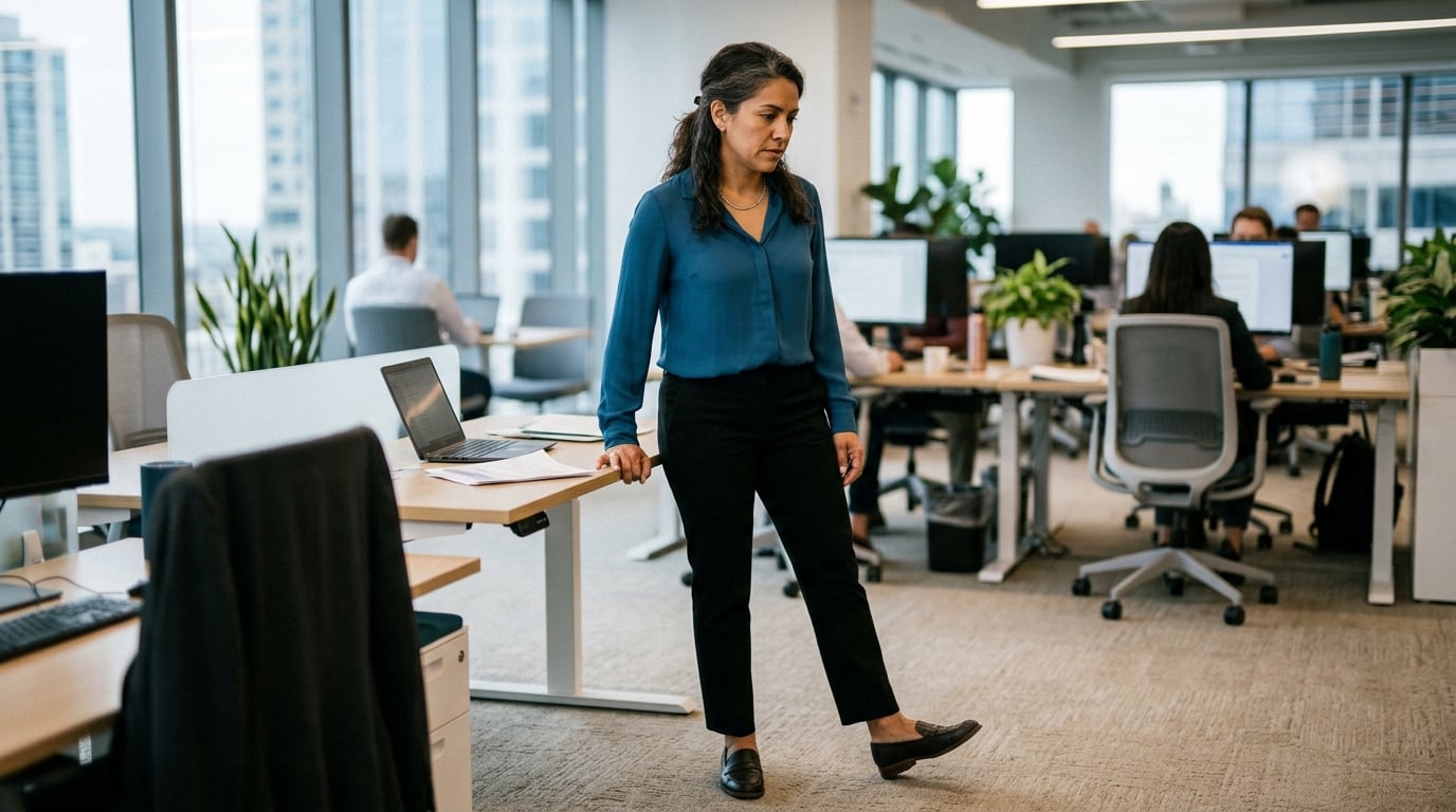 A woman veteran standing through foot pain during a long shift at work