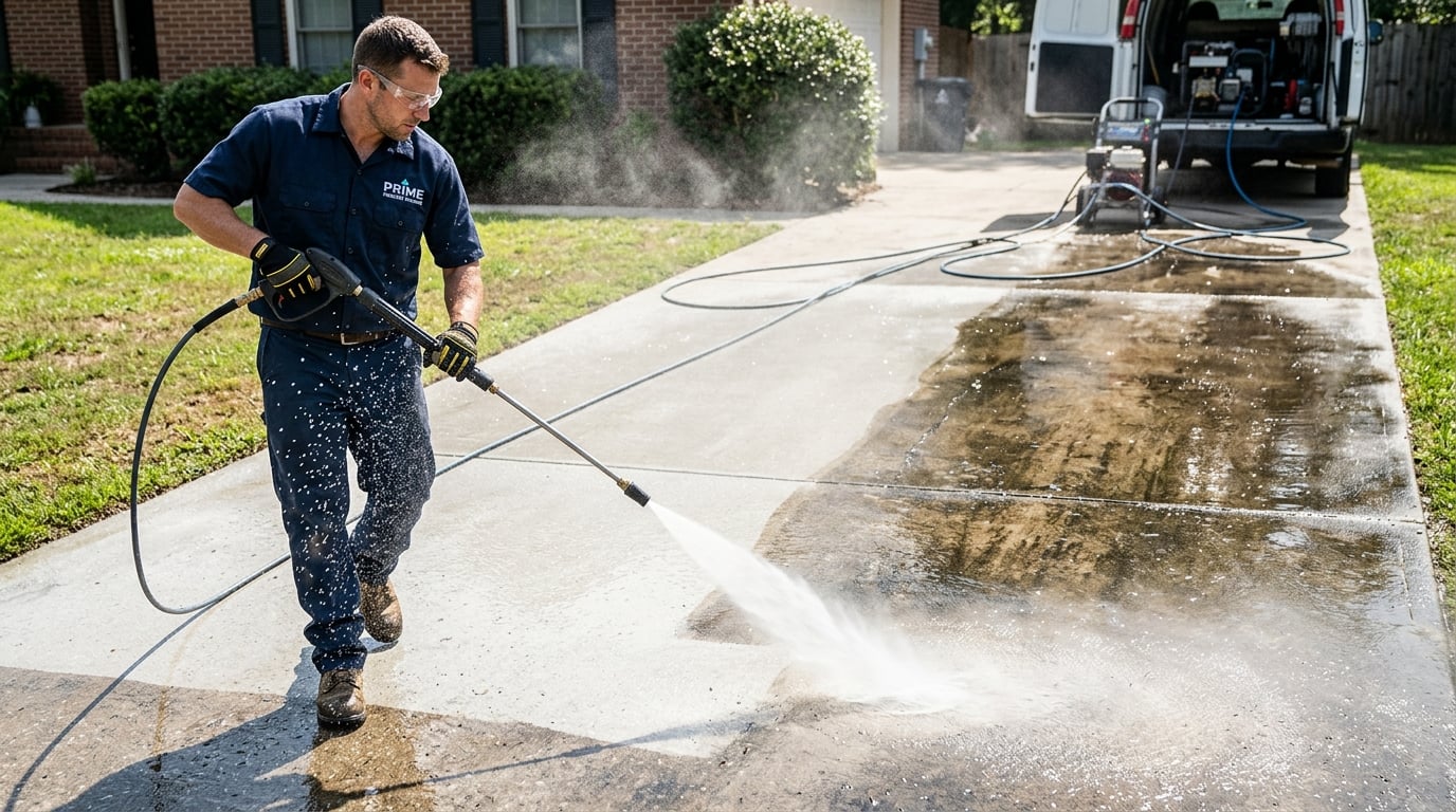 Pressure washer blasting grime off a concrete driveway