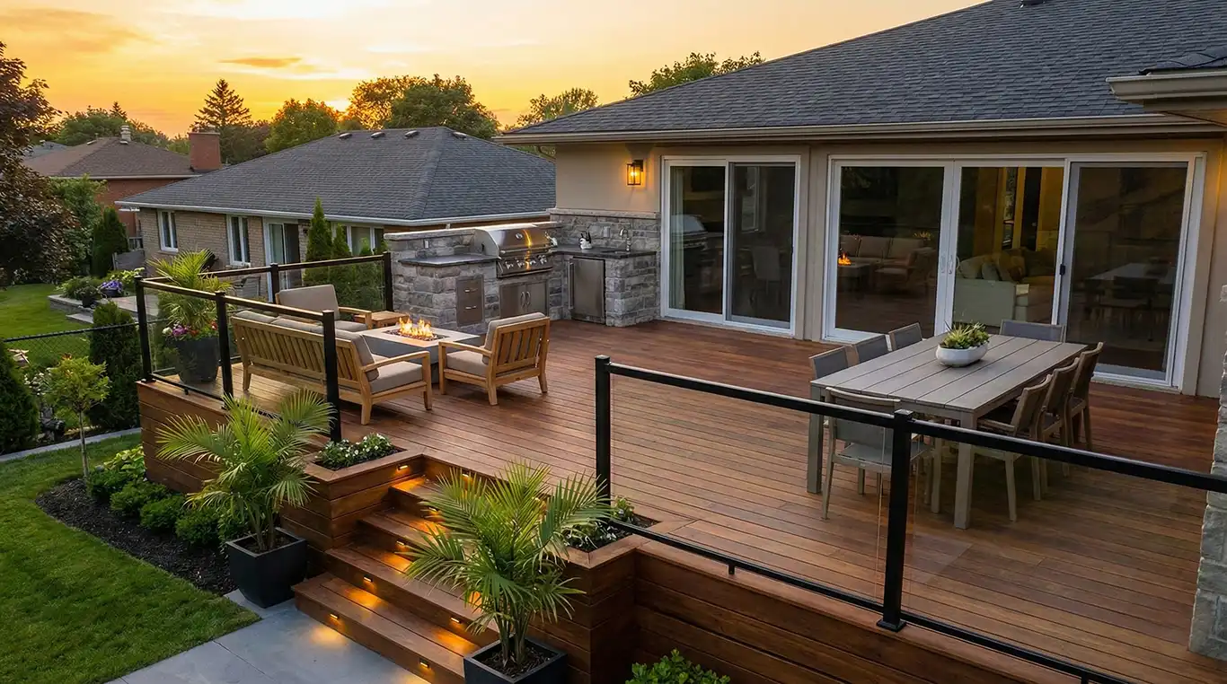 New wooden deck construction in backyard