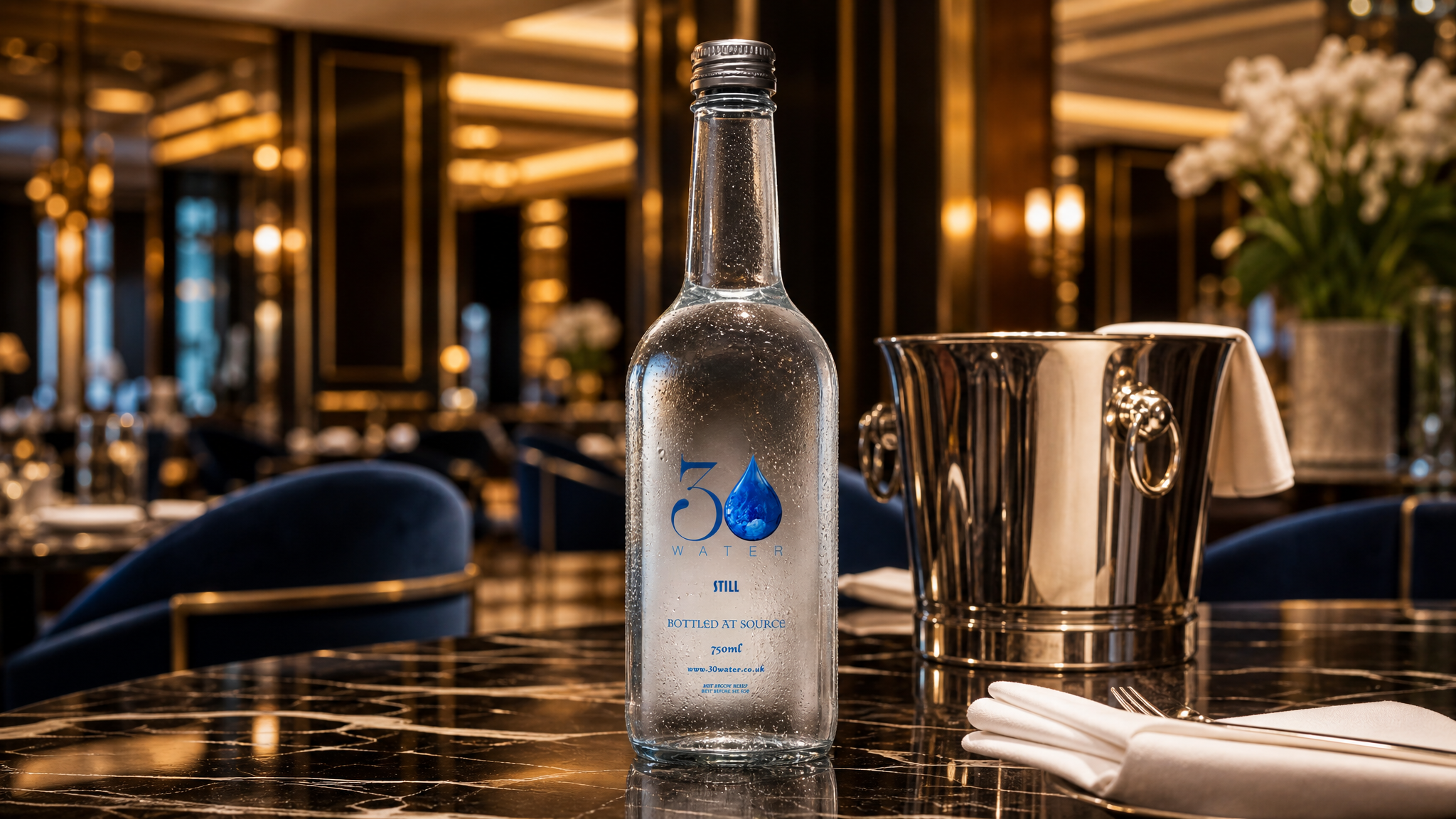 Premium bottled water in a luxury hotel setting